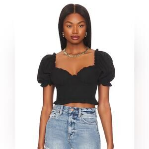 ASTR the Label XS Feronia Top in Black Smocked Back Boned Coquette Puff Shoulder